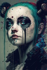 Emotional and sad, daydreaming cyberpunk girl with fluffy panda bear ears and smudged running makeup from crying; distressed, silent and vulnerable. - fictional person, Generative AI