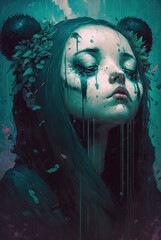 Emotional and sad, daydreaming cyberpunk girl with fluffy panda bear ears and smudged running makeup from crying; distressed, silent and vulnerable. - fictional person, Generative AI