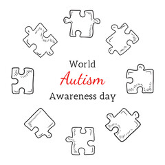 Autism awareness day with framemade of jigsaw puzzle pieces on white background. Hand drawn vector sketch illustration in engraving doodle outline vintage line art style. treatment, adaptation