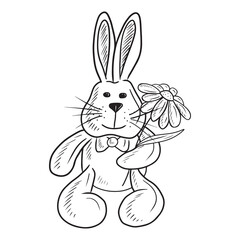 Realistic toy rabbit holding chamomile flower with tie bow on white background. Hand drawn vector sketch illustration in simple doodle outline vintage engraved style. Happy Easter, gift, bouquet.