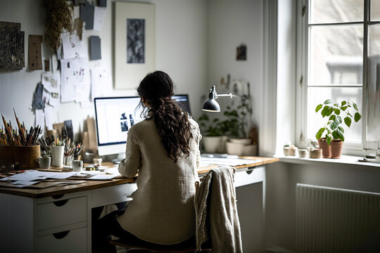 A woman working from home at her desk, Generative AI