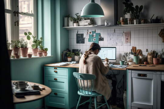 A woman working from home in her pastel colored kitchen, Generative AI