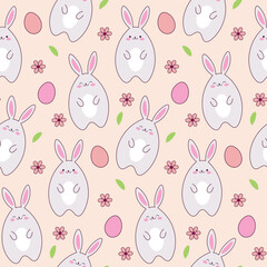 Happy Easter banner with cute kawaii rabbit, easter eggs and flowers. Hand drawn seamless pattern with cartoon bunny for kids bedding, fabric, wallpaper, wrapping paper, textile, t-shirt print