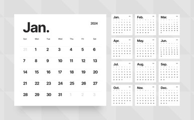 Classic monthly calendar for 2024. Calendar in the style of minimalist square shape. The week starts on Sunday.