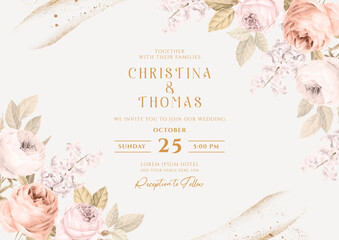 Background wedding invitation template set with beautiful floral and leaves decoration