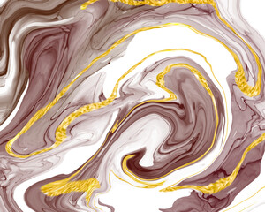 Beautiful liquid brown marble design abstract painting background with gold splash texture.