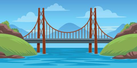 Bridge landscape. Panoramic scene with bridgework across river cartoon style, architecture construction travel infrastructure flat design. Vector illustration
