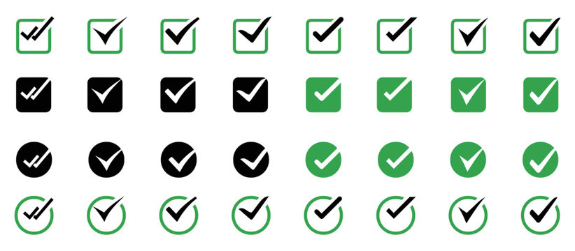 Check mark green icons set. Check marks symbol collection. Checklist symbols. Approval check flat style. checkmarks collection isolated black on white background.