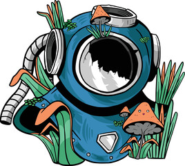 abandoned helmet in the ocean with sea plants