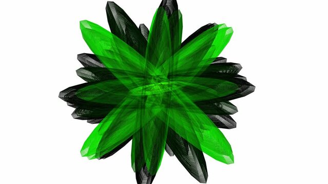 Abstract digital animation of evolving atom flower. Artificial intelligence concept of computer generated black and green geometric shapes on white background