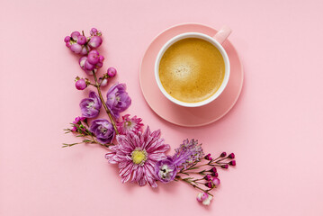 coffee in pink pastel table top view