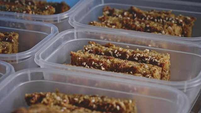 Baked Snack Bars Made Of Mix Shredded Veggies Place On Container. Close up