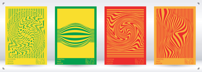 Geometrical Poster Design with Optical Illusion Effect.  Modern Psychedelic Cover Page Collection. Colourful Wave Lines Background. Fluid Stripes Art. Swiss Design. Vector Illustration for Brochure.