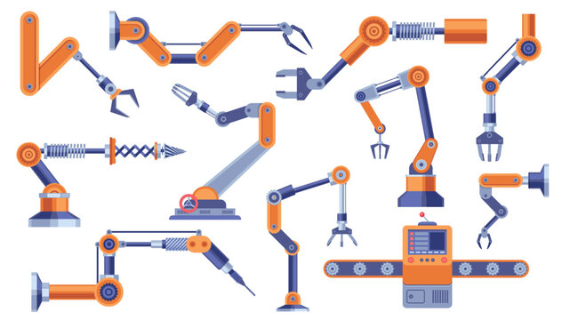 Industrial Robot Arm. Robotic Electronic Hand Manipulator With Machine Parts, Automation Process Car Manufacturing Concept. Vector Flat Set