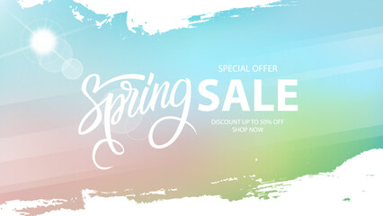 Spring Sale special offer banner. Springtime season background with brush strokes and hand lettering for business, seasonal shopping, sale promotion and advertising. Vector illustration.
