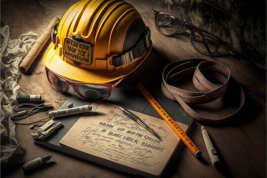 Safety helmet, safety glasses, industrials tools and documentations on a plain surface in a constructions area