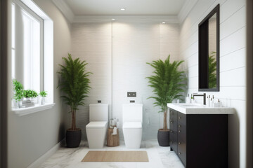 Modern bathroom interior design, Luxury yet minimalist clean, bright and hygienic spacious bathroom with shower, toilets, mirrors, bathtub and natural green plant in a hotel, apartment, or house. 