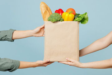 Close up cropped female hold in hand brown paper bag with food products isolated on blue color wall...
