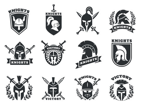 Knight helmet logo. Medieval ancient crusader viking soldier protective head armor with crossed swords shield for label emblem badge. Vector set