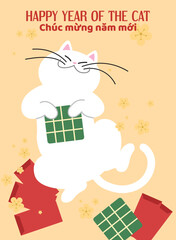 Cute cat holding banh chung. Apricot blossoms and red envelope in background. Vietnamese new year of the cat 2023 greeting card vector illustration. Tết Nguyên Đán poster illustration.