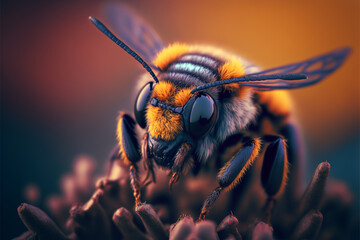 A bee collects nectar on a flower. AI generated.