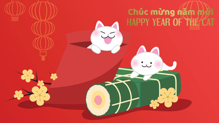 Year of the cat with banh chung and banh tet. Cute cat in a red envelope. Vietnamese new year 2023 greeting card with yellow apricot blossom. Tết Nguyên Đán banner illustration.