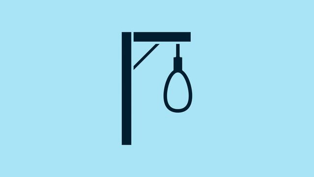Blue Gallows rope loop hanging icon isolated on blue background. Rope tied into noose. Suicide, hanging or lynching. 4K Video motion graphic animation