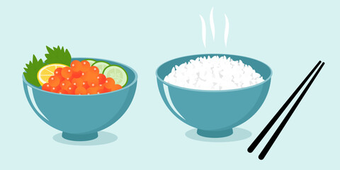 Rice bowl with chopsticks and salmon eggs bowl vector illustration.