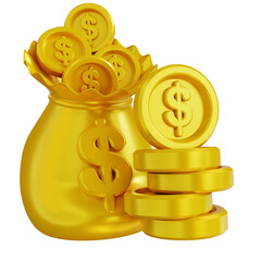 3d illustration of money bag and pile of money