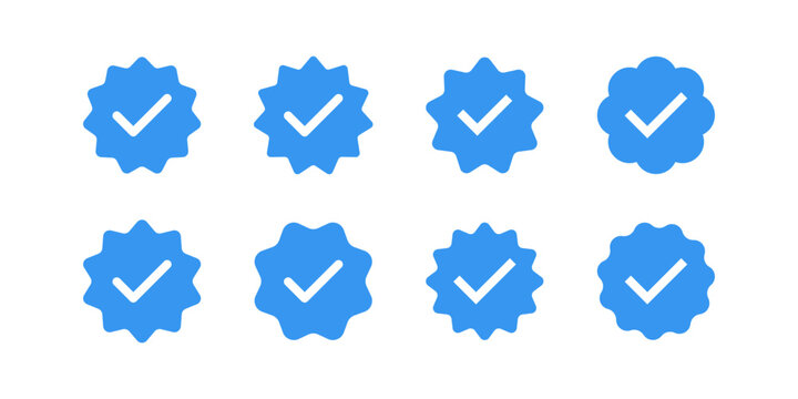 Blue tick icon on light background.  Chek mark, approved profile sign. Verified account concept. Social network. Verify, confirm, done sticker symbol. Flat colored style.