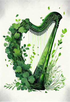 Harp braided with clover - a symbol of St. Patrick's Day. AI generated