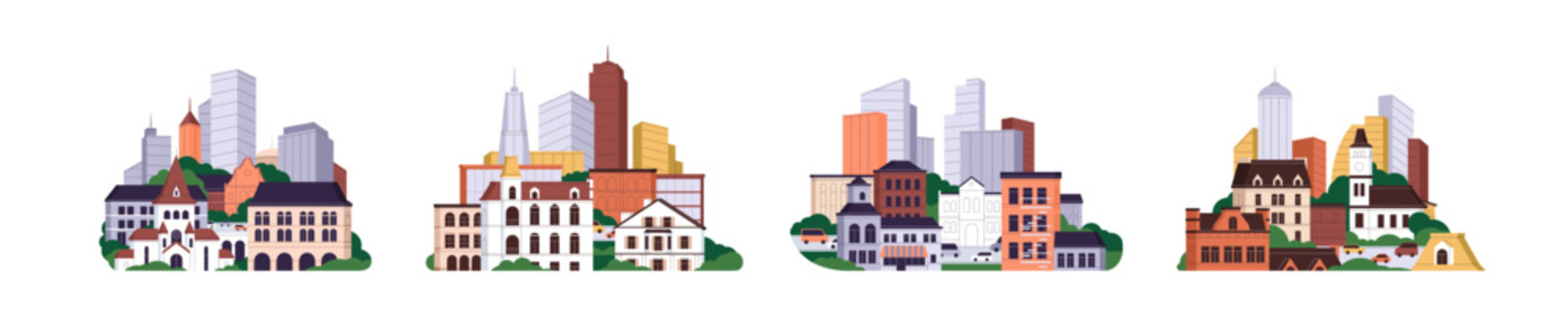 Cityscapes set, city buildings. Urban constructions with modern and old architecture, real estate in downtown. Skyscrapers, low houses facades. Flat vector illustrations isolated on white background
