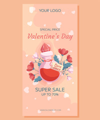 Valentine's Day vertical Super Sale banner template design. Love potion bottle concept illustration with red and pink flowers behind it. Special Price concept online shopping
