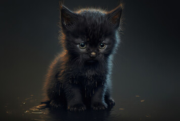 Sad black dirty kitten on black background. Homeless animals concept. Generative AI