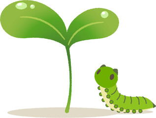 双葉の新芽とイモムシのかわいいイラスト2
