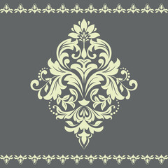 Damask graphic ornament. Floral design element. Gray and beige vector pattern