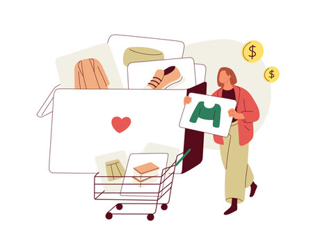 Shopping wish list concept. Customer adding favorite goods to online cart, trolley, making purchases buying during sale. Buyer and wishlist. Flat vector illustration isolated on white background