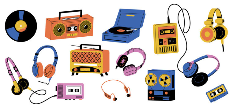 Vintage music player. Retro analog audio devices cassette vinyl turntable record wireless radio headphones, nostalgic cartoon elements. Vector set