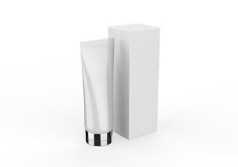 Realistic rendering of blank white cosmetics tubes and box packaging isolated on white background. 3D Illustration.