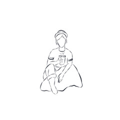 Line woman with a cup of hot drink isolated on white background.