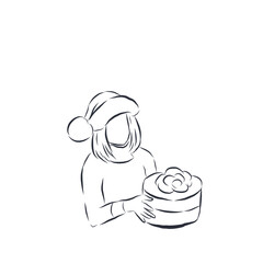 Line woman wears Santa hat holding gift isolated on white background.