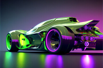 A car with neon lighting in the cyberpunk style.