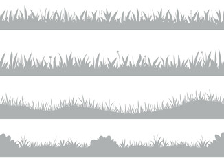 Grass silhouette. Horizontal banners of meadow grassland borders, lawn landscape monochrome elements, nature blossom panorama. Vector set