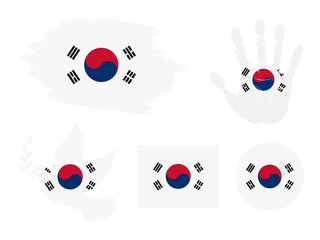 South Korea flag set, flag of South Korea collection. Flag in grunge, Dove, Handprint, square and round shape. vector illustration
