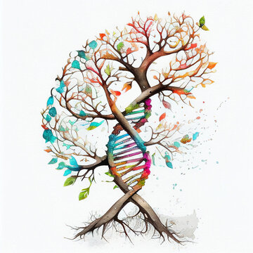Phylogenetic Tree Illustration, Virus genetic change, mutant, Mutations, DNA, RNA Strands, image for science Presentation designs. AI art generated