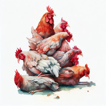 Avian Influenza Outbreak Concept Image, Sick and Dead Chickens, High Mortality, Virus H5N1, H5N8, H9N2 Illustration, cartoon, Poultry Disease, Conceptual AI Art generated