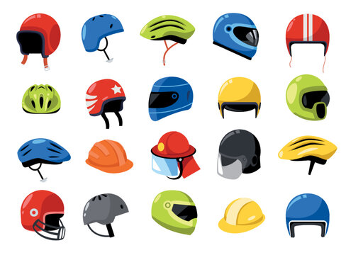 Helmet collection. Cartoon bike motorcycle driver sport building engineer worker security hats, head protection concept flat style. Vector isolated set