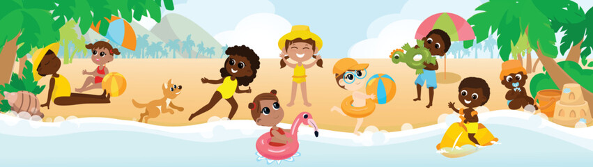 Multicultural group of children playing on the seashore, swimming in inflatable circles, playing ball, with a dog, sunbathing. Children are happy and cheerful.Horizontal banner in cartoon style.