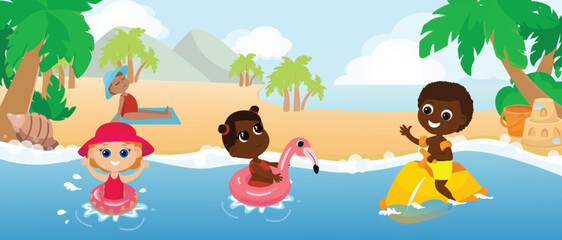 Multicultural children boy and girl play in the water on the beach in inflatable circles and on a water scooter. Children are happy and cheerful. Horizontal banner in cartoon style.