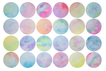 Set of multicolored watercolor dots for design on an isolated white background. Glittery circles with gradient transition, large set. Suitable for web design, cards, greeting cards. Pink, blue, yellow